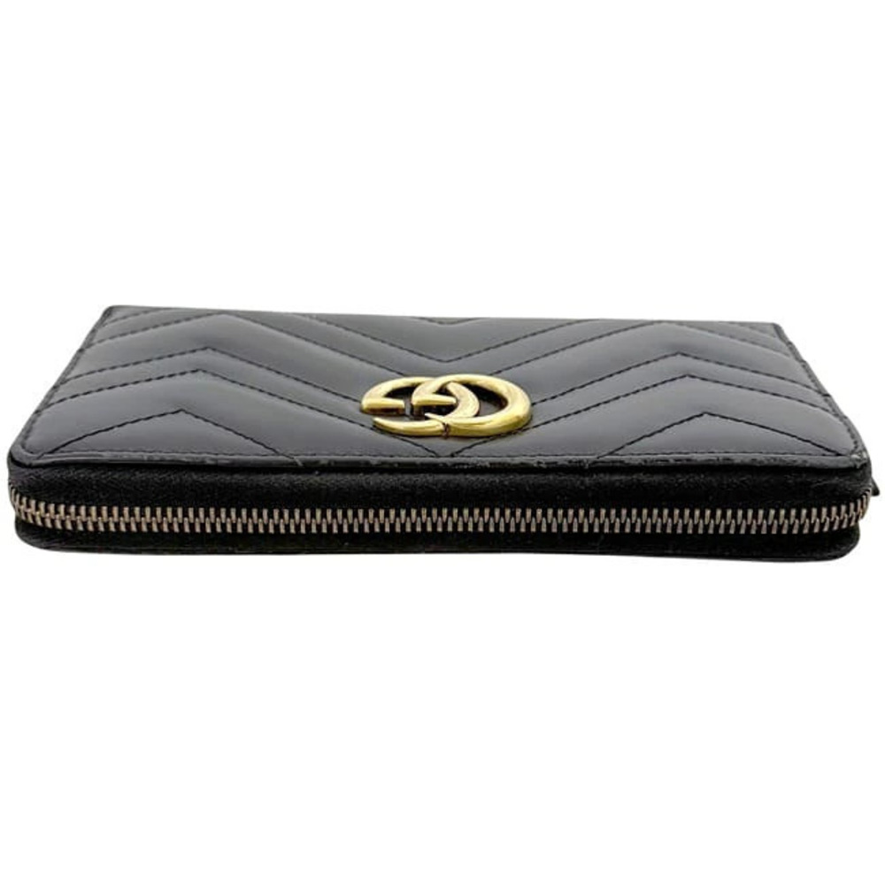 Gucci Round Zipper Long Wallet Black GG Marmont Leather Gold Stitch - Picture 6 of 9
